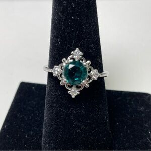 Elegant Silver Tone and Teal and Cubic Zirconia Ring Size 7.75